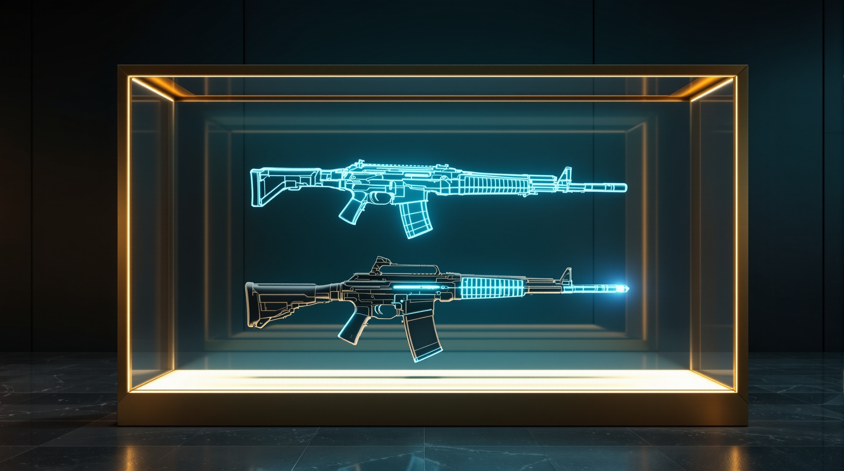 Harbor Vault concept art — cinematic ink-navy harbour with warm brass key-light